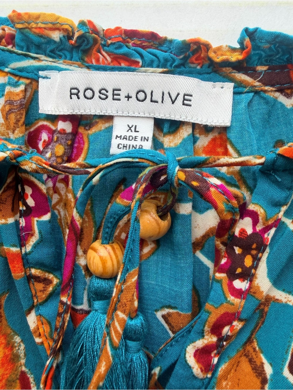 Rose & Olive Teal Floral Tassel Peasant Tunic - Picture 4 of 4